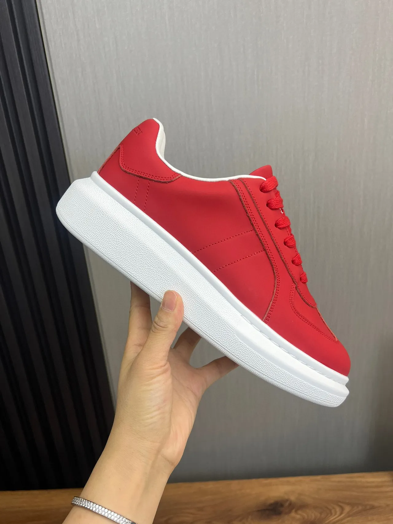 Red and White Platform Sole Low-Top Sneaker 4