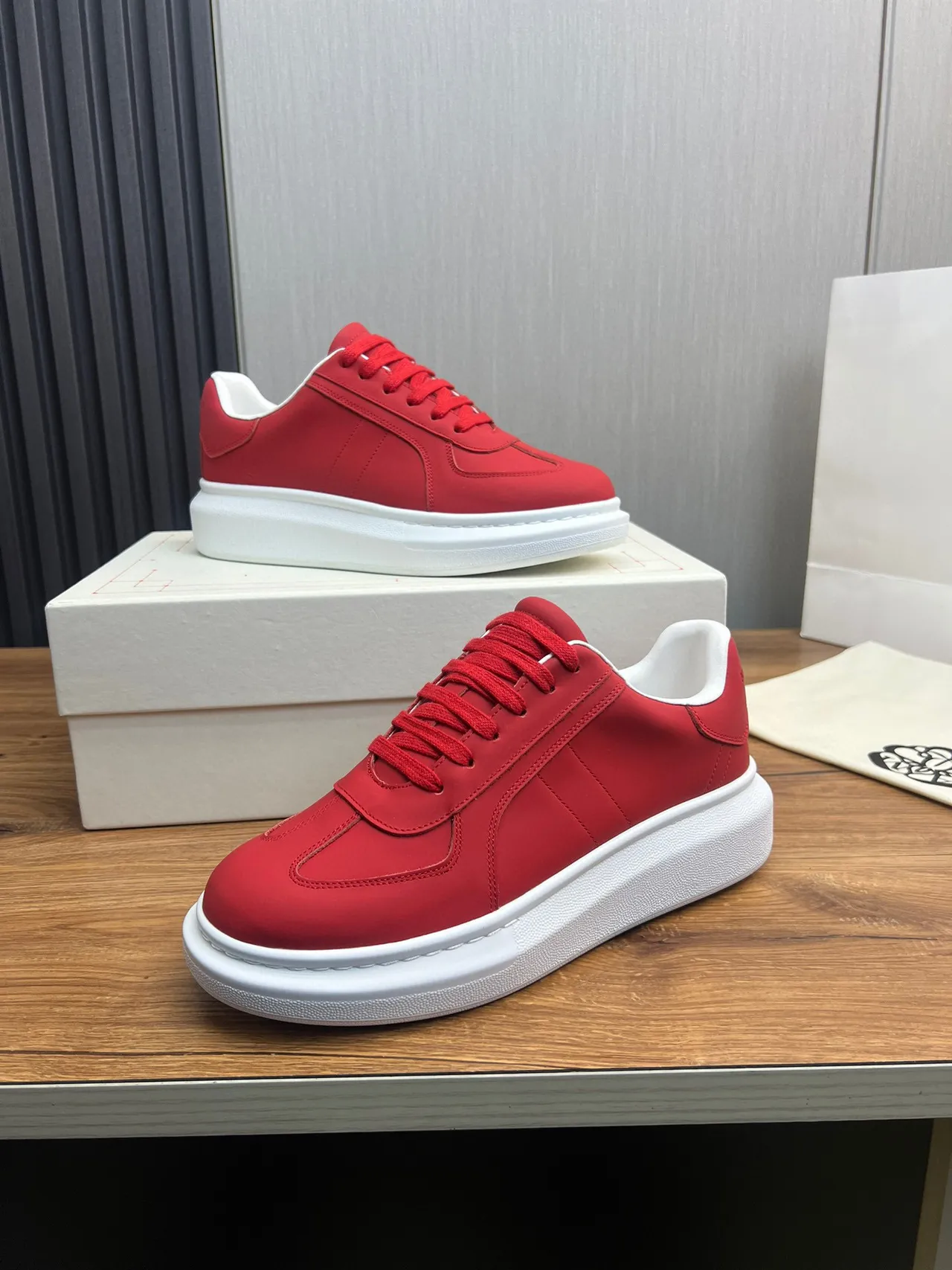 Red and White Platform Sole Low-Top Sneaker 7