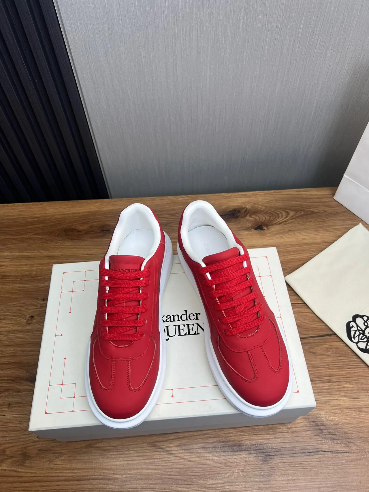 Red and White Platform Sole Low-Top Sneaker 9