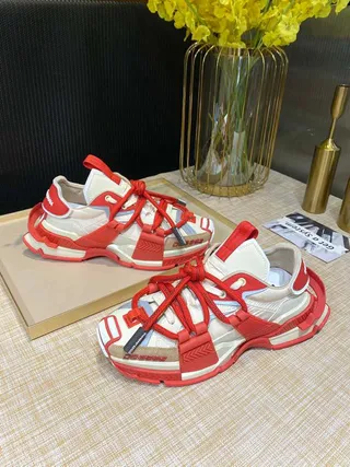 Red Beige Multi-Strap Cage Construction Oversized Lace Loops Chunky Sneakers 3