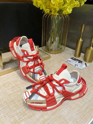 Red Beige Multi-Strap Cage Construction Oversized Lace Loops Chunky Sneakers 4