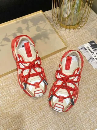 Red Beige Multi-Strap Cage Construction Oversized Lace Loops Chunky Sneakers 5