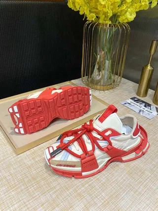 Red Beige Multi-Strap Cage Construction Oversized Lace Loops Chunky Sneakers 6