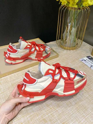 Red Beige Multi-Strap Cage Construction Oversized Lace Loops Chunky Sneakers 7