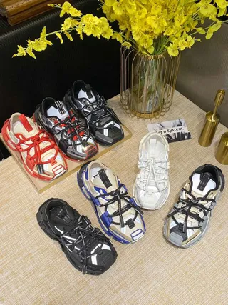 Red Beige Multi-Strap Cage Construction Oversized Lace Loops Chunky Sneakers 9