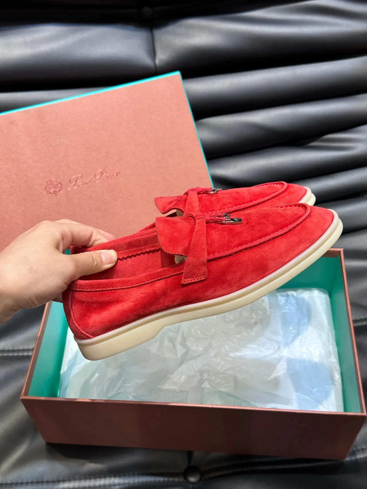 Red Beige Suede Upper Tassel Strap Loafer 7