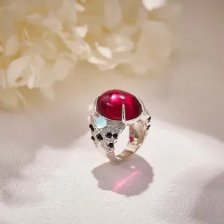 Red Blue Cabochon-Set Gemstone Pavé Black Stones Ring