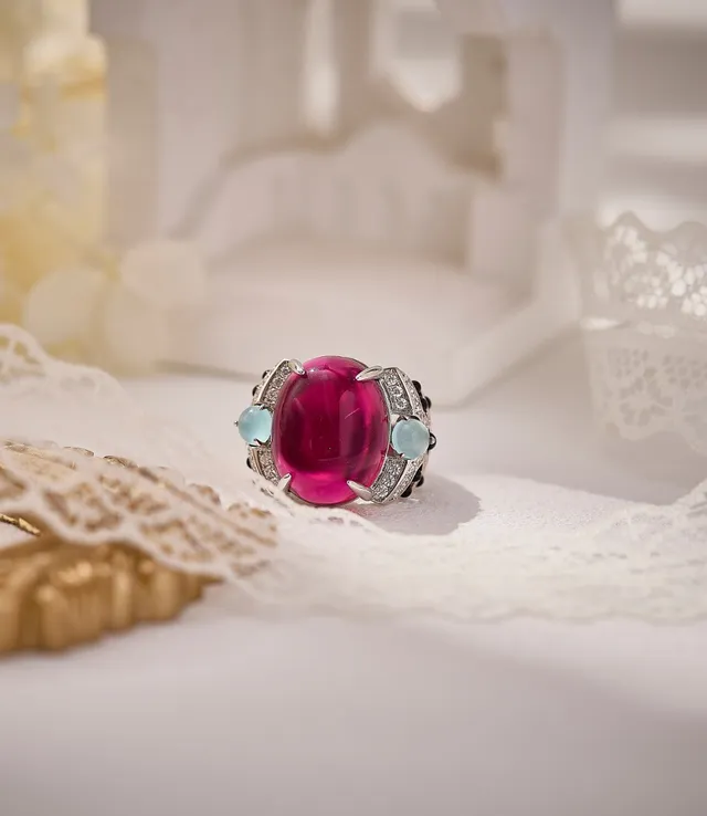 Red Blue Cabochon-Set Gemstone Pavé Black Stones Ring 4