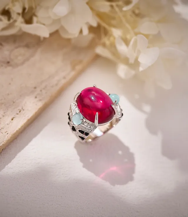Red Blue Cabochon-Set Gemstone Pavé Black Stones Ring 5