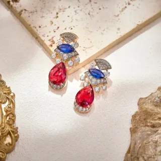 Red Blue Fan-Motif Top Marquise Sapphire Earrings