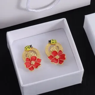 Red Enamel Floral and Ladybug Gold-Tone Stud Earrings