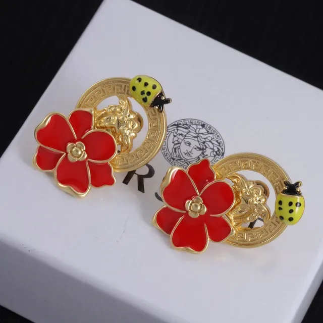Red Enamel Floral and Ladybug Gold-Tone Stud Earrings 2