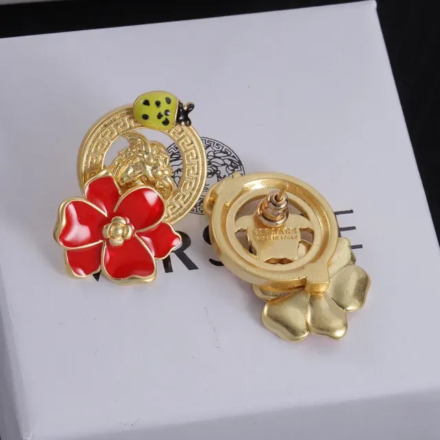 Red Enamel Floral and Ladybug Gold-Tone Stud Earrings 4