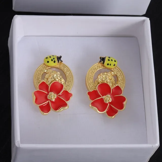 Red Enamel Floral and Ladybug Gold-Tone Stud Earrings 5