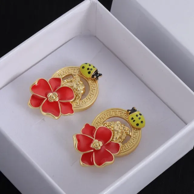 Red Enamel Floral and Ladybug Gold-Tone Stud Earrings 6