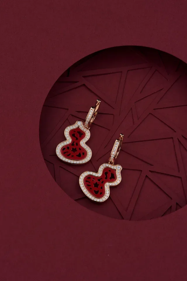 Red Enamel Gourd-Shaped Pavé Crystal Earrings 4