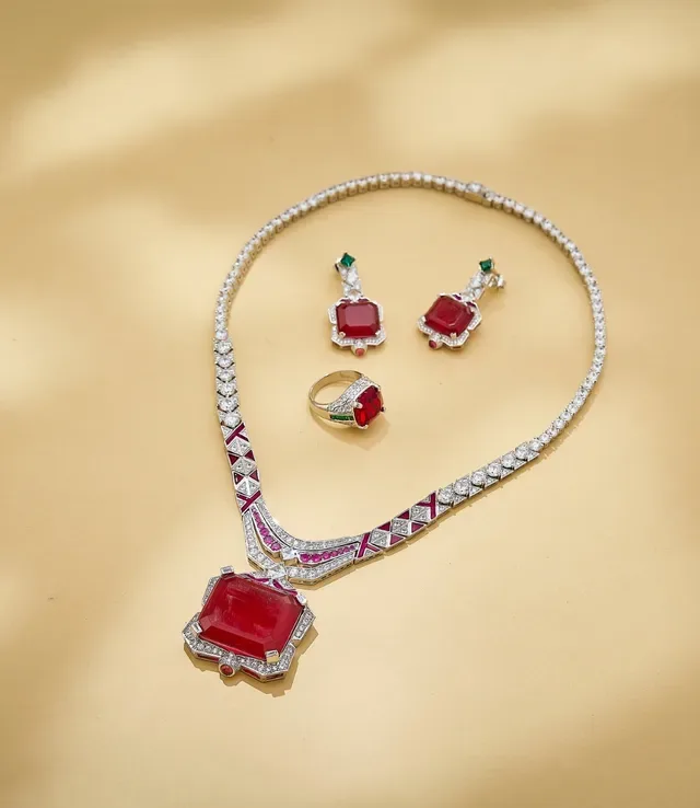 Red Gemstone and Diamond Geometric Pendant Necklace 3