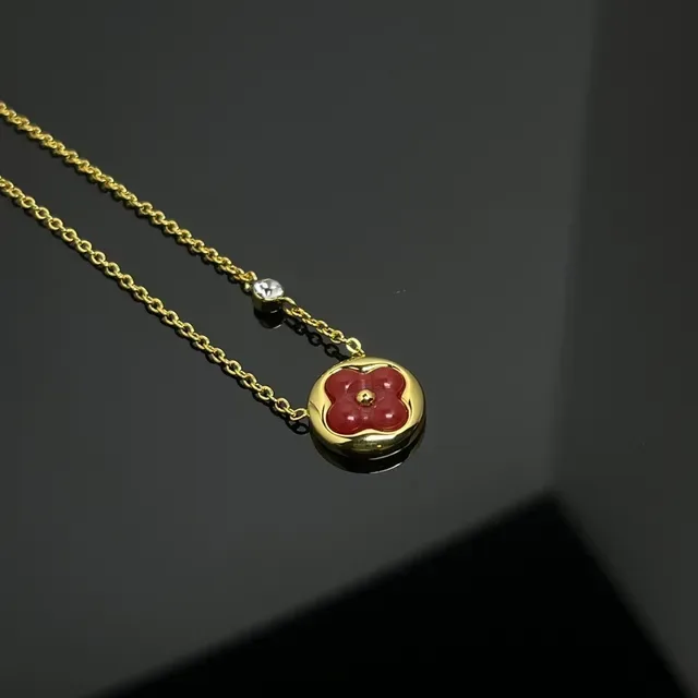 Red Gold Floral Enamel Pendant Single-Crystal Accent Necklace 2