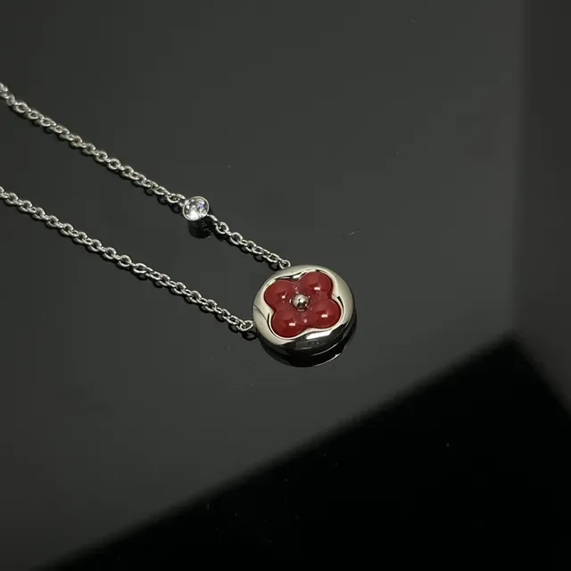 Red Gold Floral Enamel Pendant Single-Crystal Accent Necklace 3