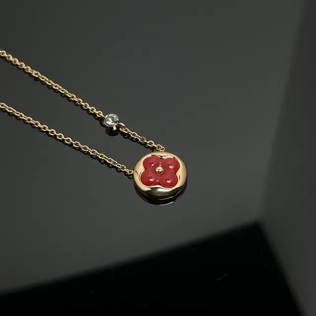Red Gold Floral Enamel Pendant Single-Crystal Accent Necklace 4