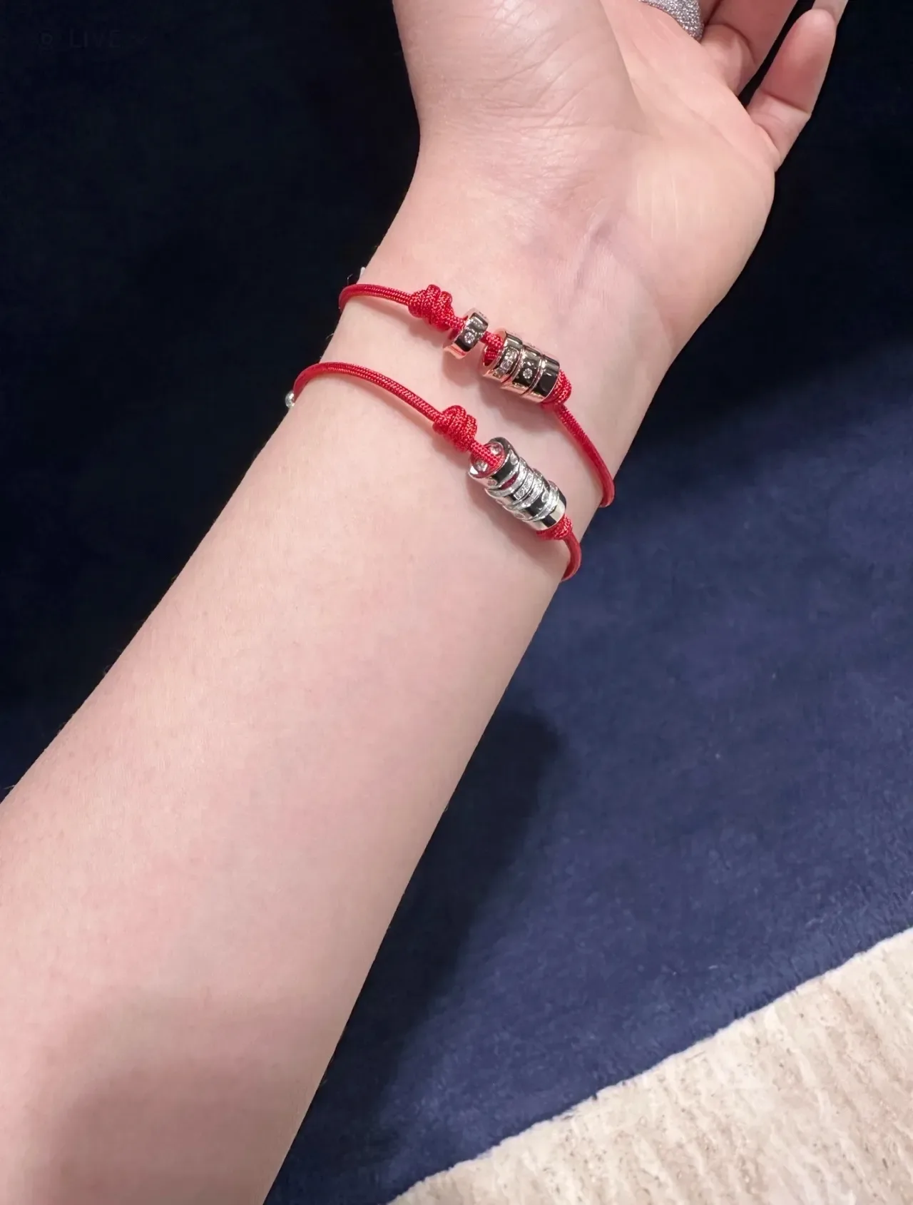 Red Navy Braided Cord Three Stacked Metallic Cylindrical Beads Jewelry 3