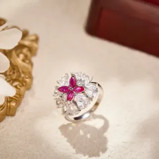 Red Silver Floral Cluster Marquise-Cut Center Ring