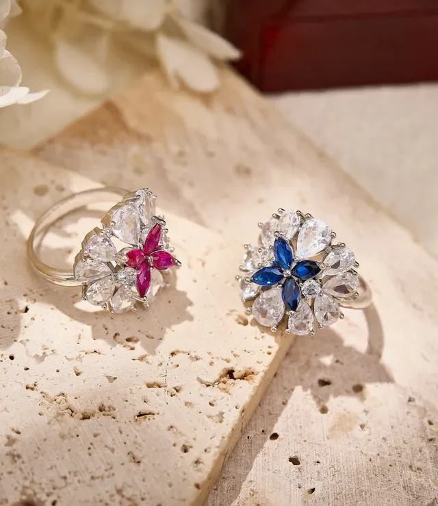Red Silver Floral Cluster Marquise-Cut Center Ring 6