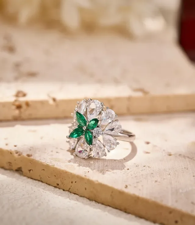 Red Silver Floral Cluster Marquise-Cut Center Ring 8