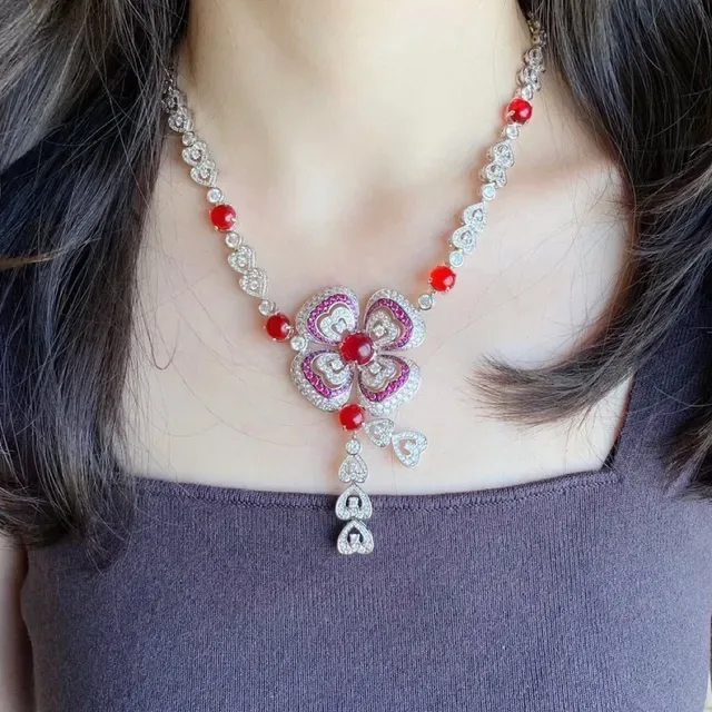 Red Silver Floral Pendant Heart Motifs Necklace 2