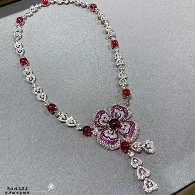 Red Silver Floral Pendant Heart Motifs Necklace 6