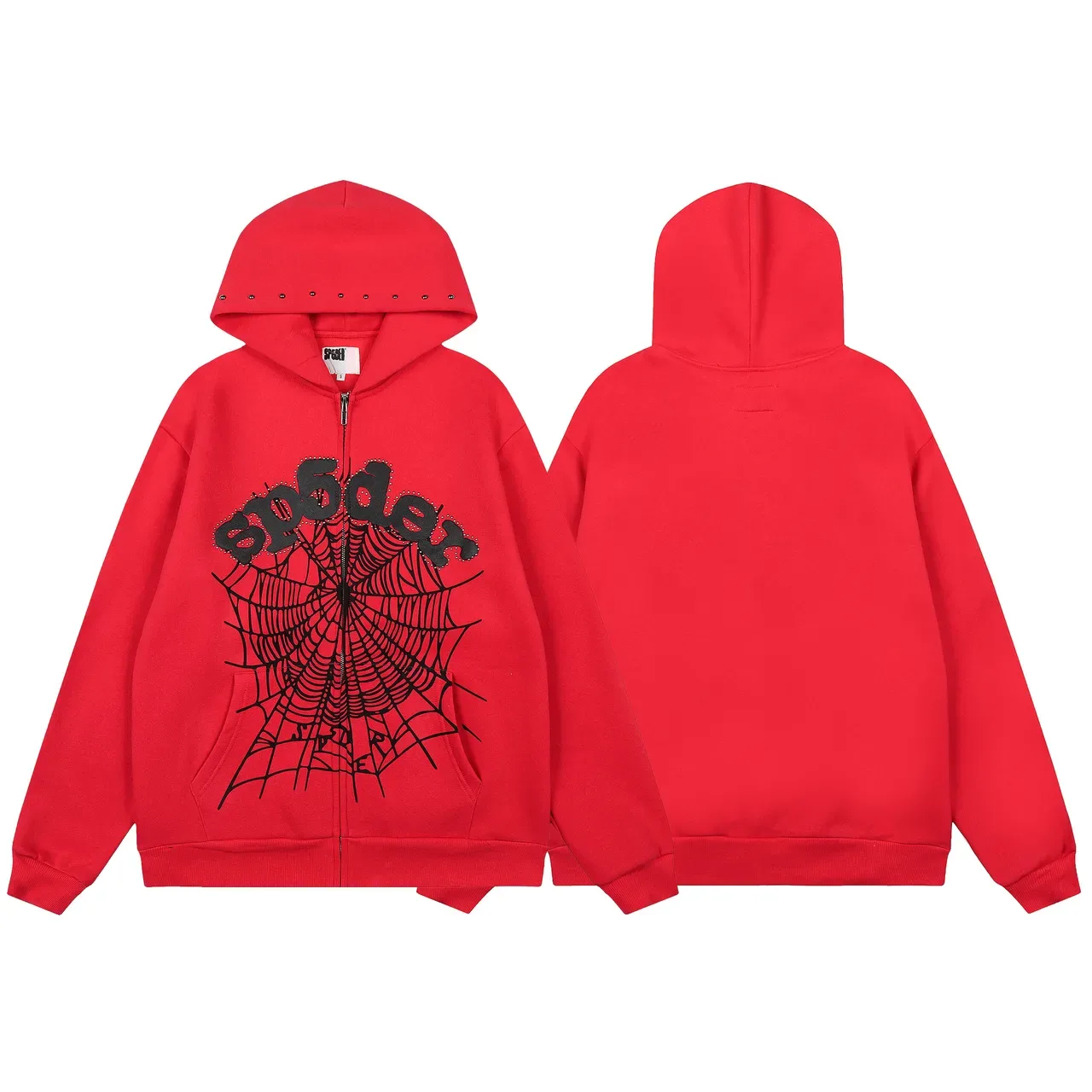 Red Spiderweb Graphic Zip-Up Hoodie and Jogger Pants Tracksuit 6