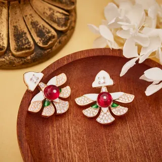 Red White Floral Motif Enamel And Gemstone Inlay Earrings