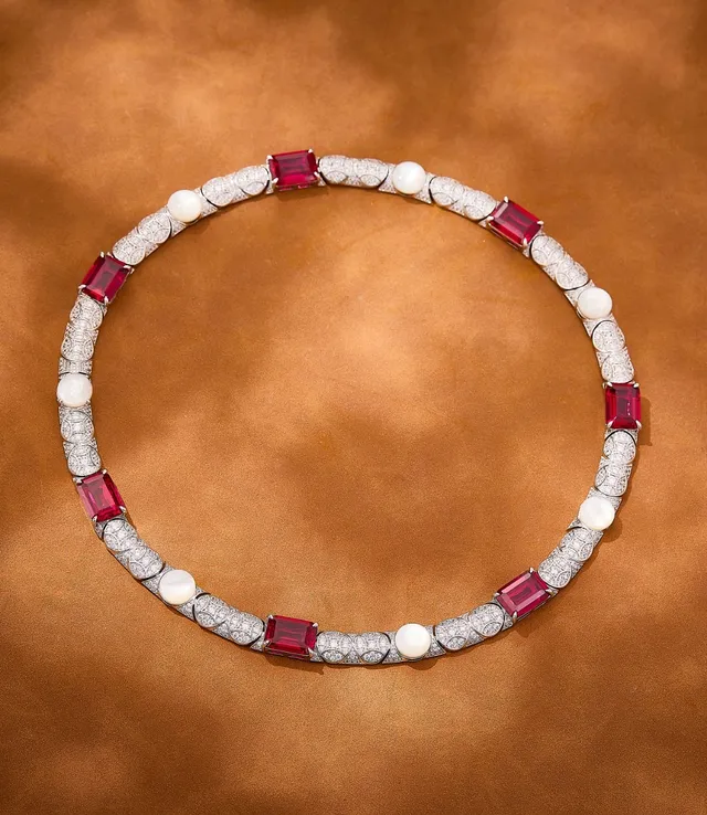 Red White Gem-Set Collar Rectangular Stones Necklace 3