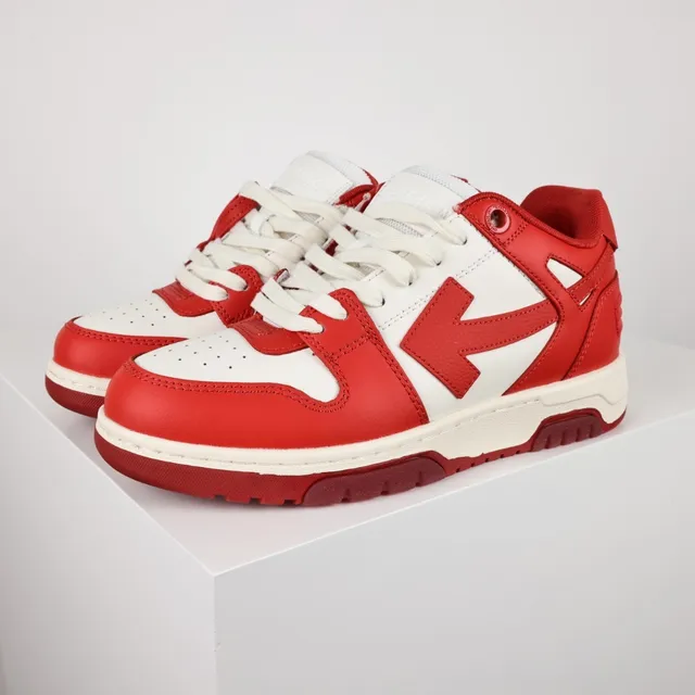 Red White Leather Panel Construction Arrow-Side Logo Sneakers 2