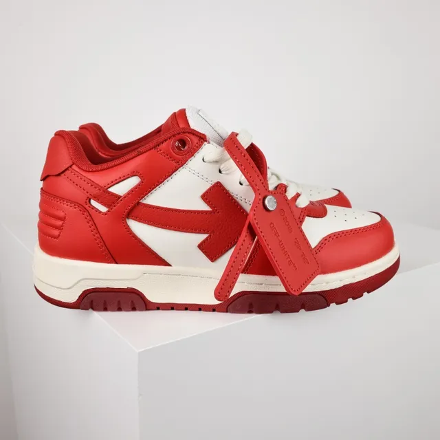 Red White Leather Panel Construction Arrow-Side Logo Sneakers 3