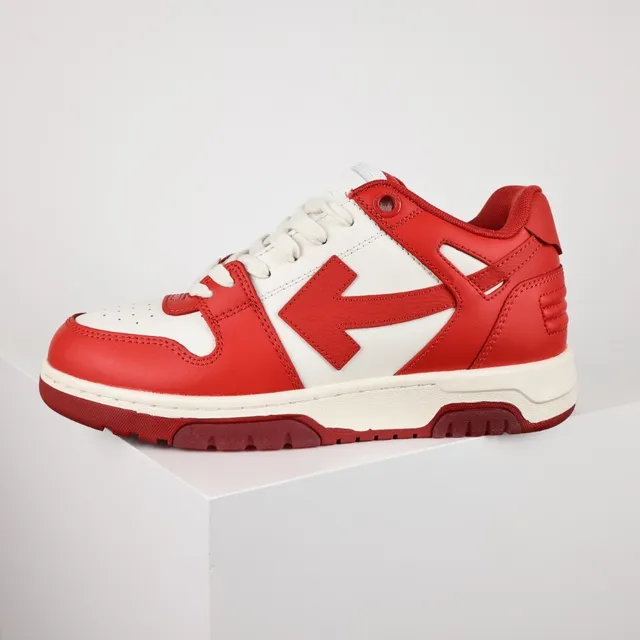 Red White Leather Panel Construction Arrow-Side Logo Sneakers 9