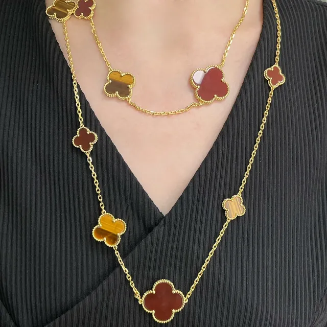 Red Yellow Multi-Strand Enamel Clover Pendants Necklace 3