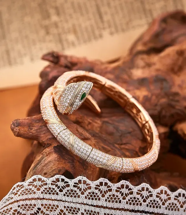 Rose Gold Pavé Diamond Coiled Serpent Hinged Bangle Bracelets 2