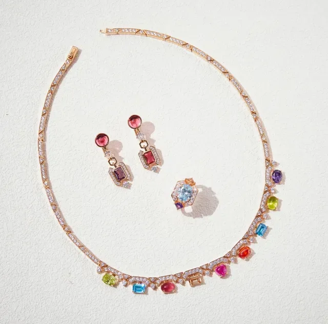 Rose Gold Pavé Diamond Multigem Choker Necklace 7