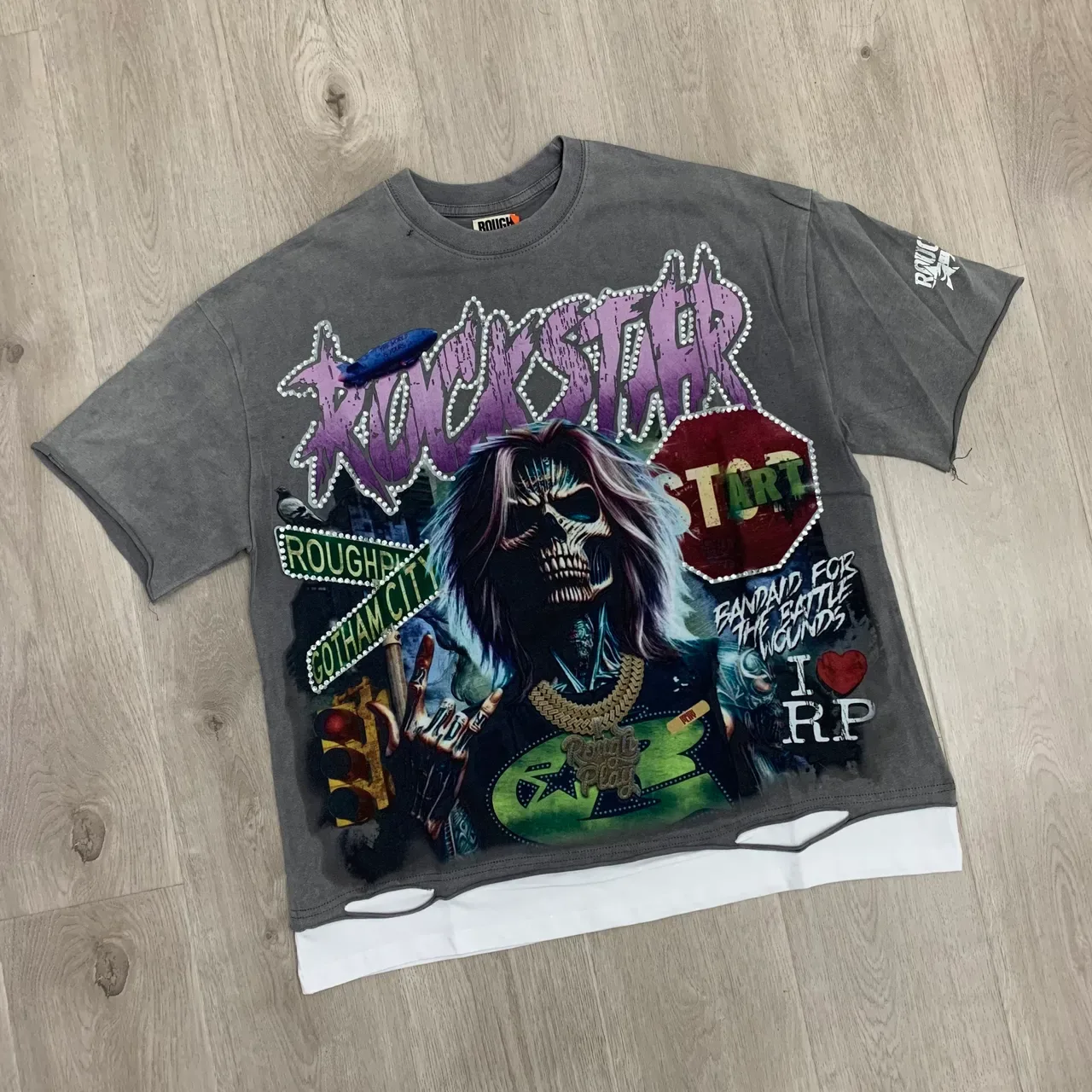 ROUGH Graphic Print Distressed Cut-Hem Oversized T-Shirt 5