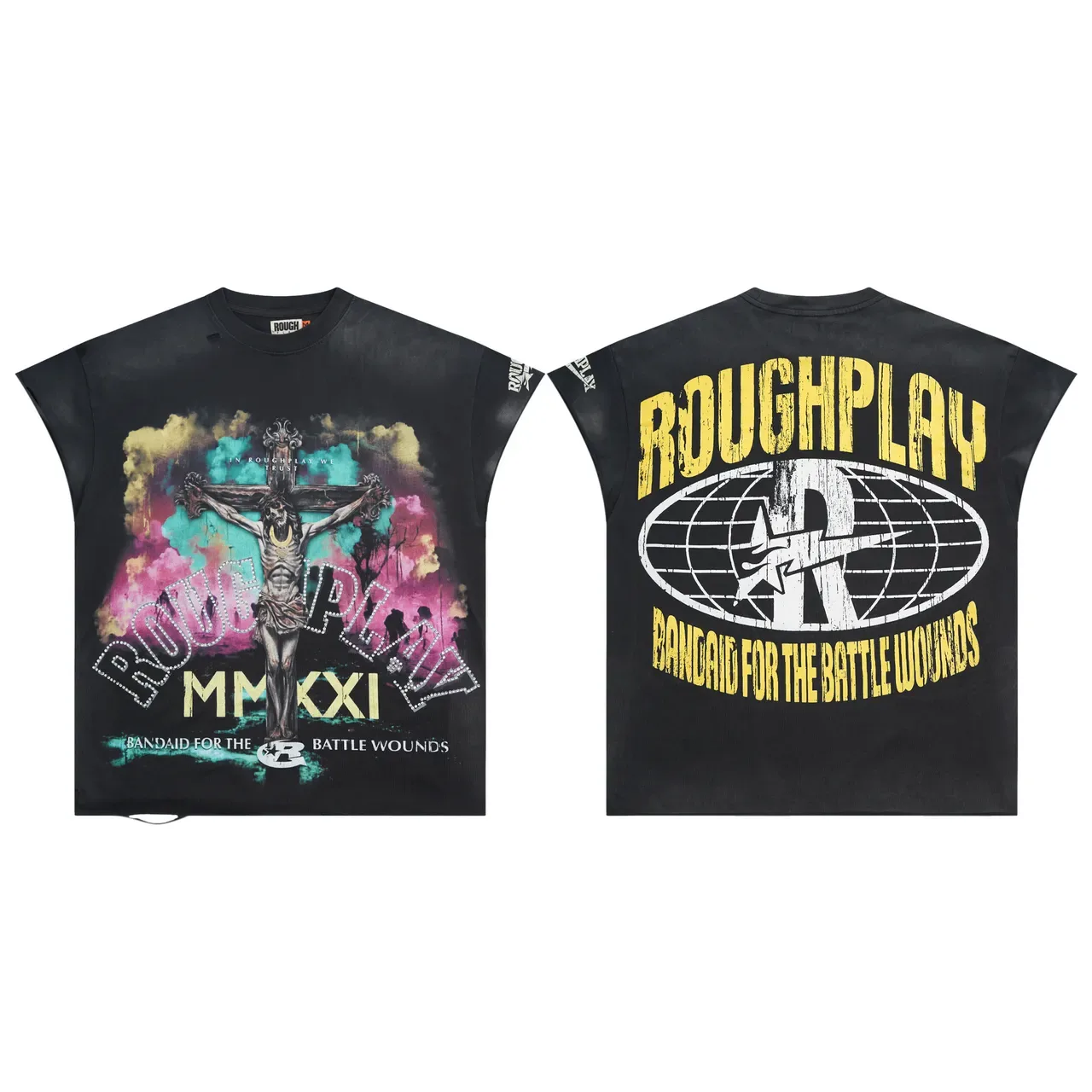 ROUGH Graphic Print Distressed Cut-Out Sleeve T-Shirt 3