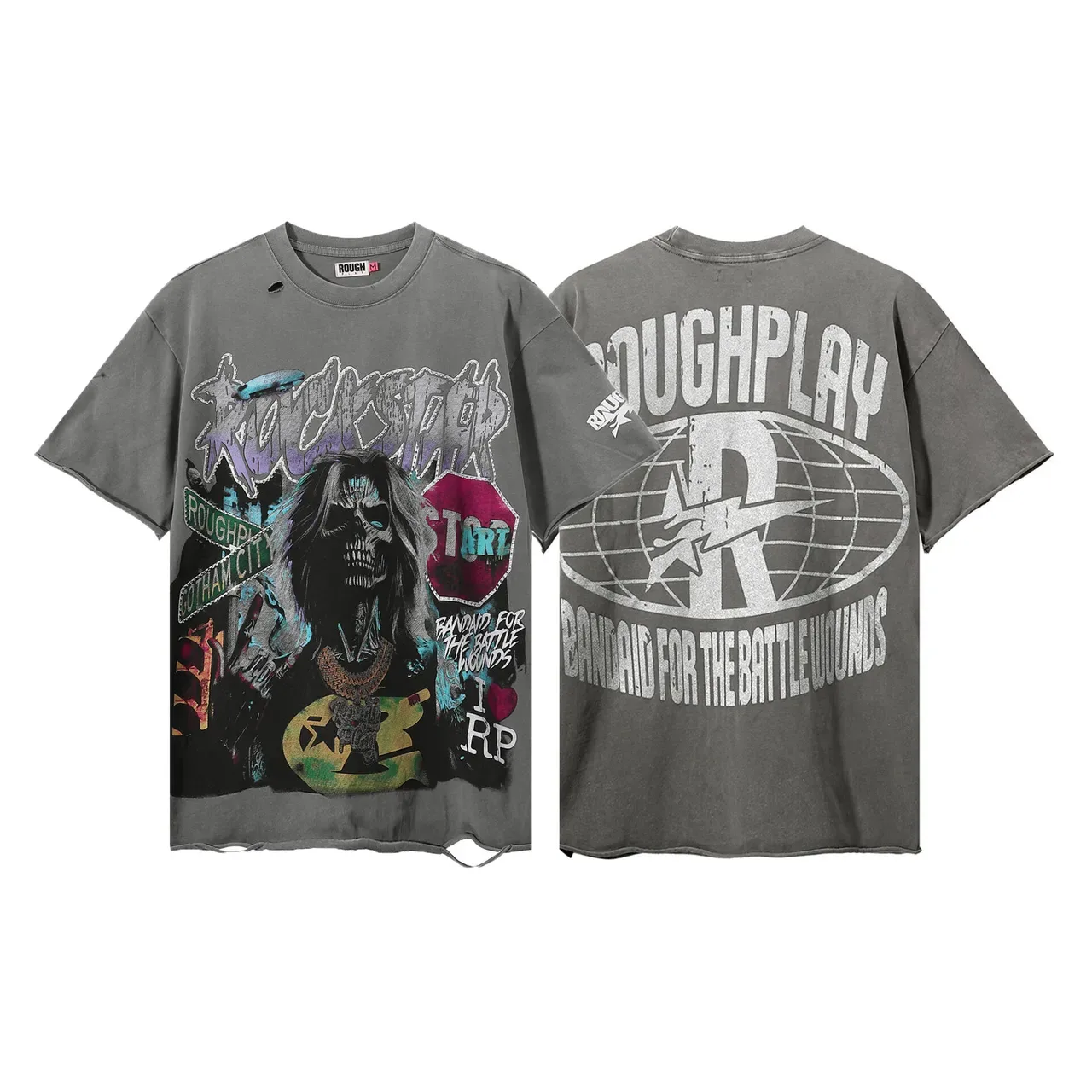 ROUGH Oversized Distressed Graphic-Print Gray T-Shirt 2