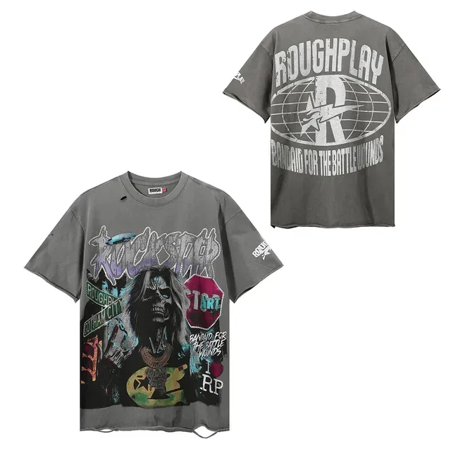 ROUGH Oversized Distressed Graphic-Print Gray T-Shirt 3