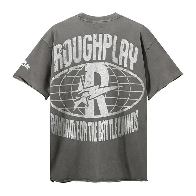 ROUGH Oversized Distressed Graphic-Print Gray T-Shirt 4