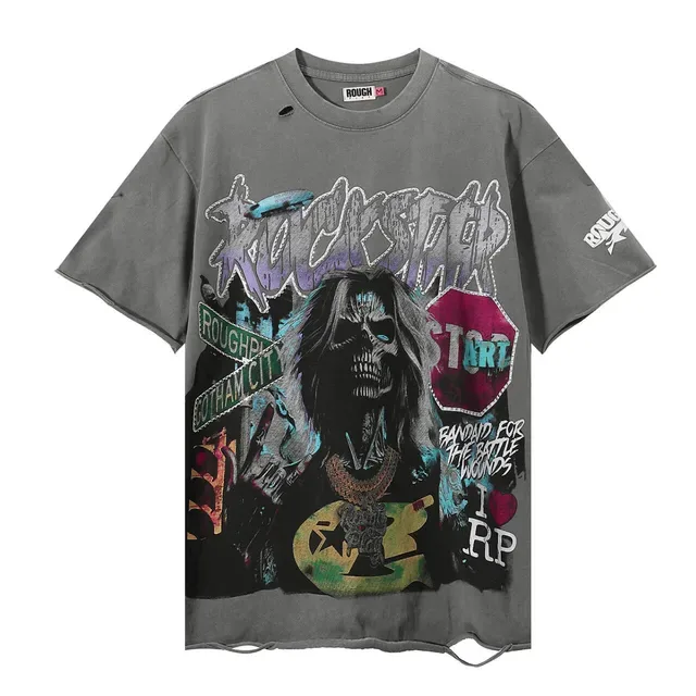 ROUGH Oversized Distressed Graphic-Print Gray T-Shirt 5