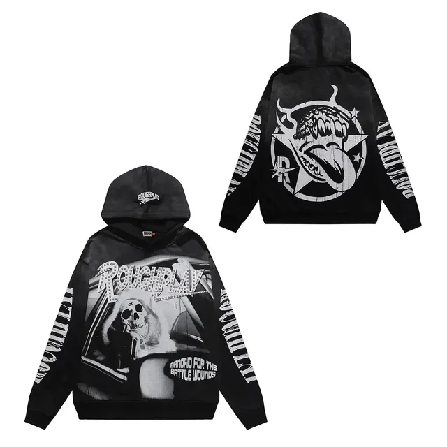 ROUGHPLAY Oversized Distressed Skull Graphic Black Hoodie 2