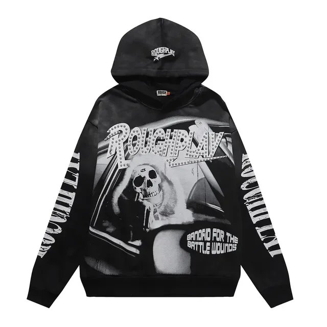 ROUGHPLAY Oversized Distressed Skull Graphic Black Hoodie 4