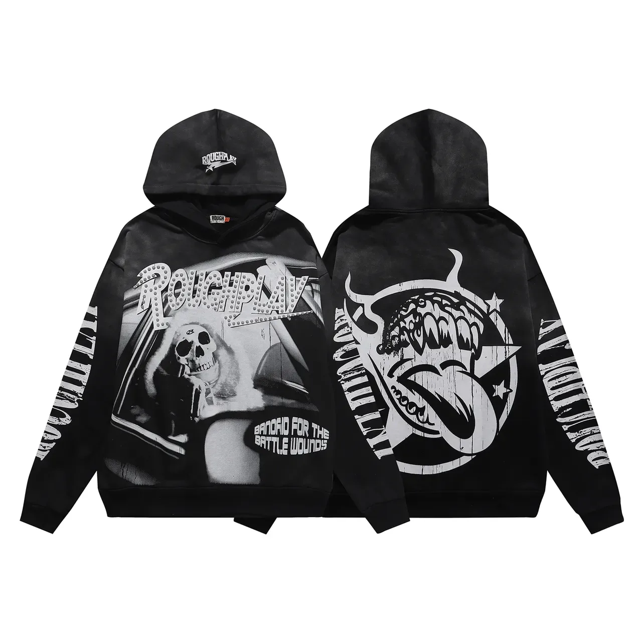 ROUGHPLAY Oversized Distressed Skull Graphic Black Hoodie 5