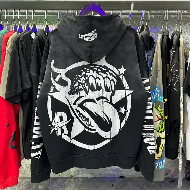 ROUGHPLAY Oversized Distressed Skull Graphic Black Hoodie 6