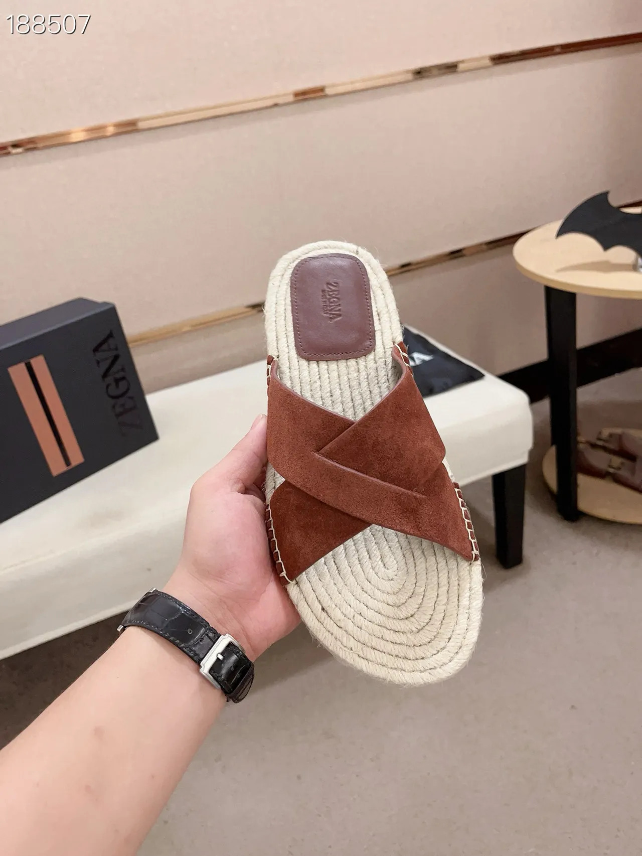Rust Brown Suede Cross-Strap Woven Rope Sole Slippers 4